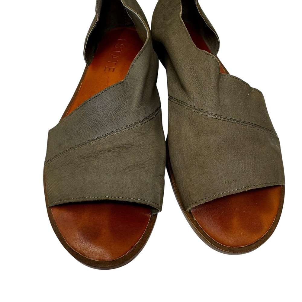 1.State Women's Celvin Green Leather Open Toe Cutout Slip On Flats Size 8.5M US